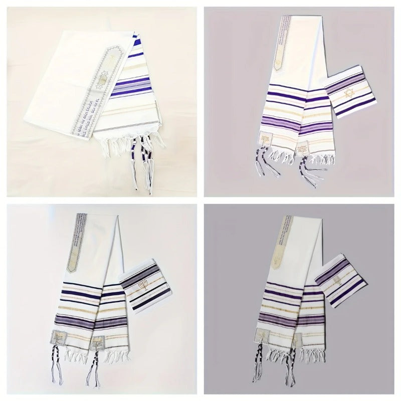 Purple Striped Prayer Scarf Personalized Braided Tassel Shawl Religious Dress Up Headscarf