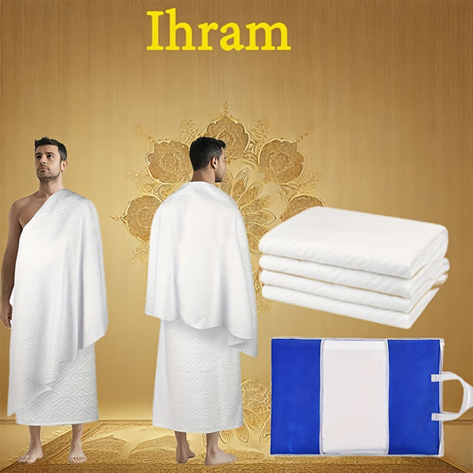 2pcs Vintage Geometric-Patterned Ihram Set, 100% Pure Cotton, All-Season, Regular Fit, Woven, Non-Stretch, Hand Washable, Includes Free Tote Bag - Ideal for Hajj/Umrah, Ramadan Special